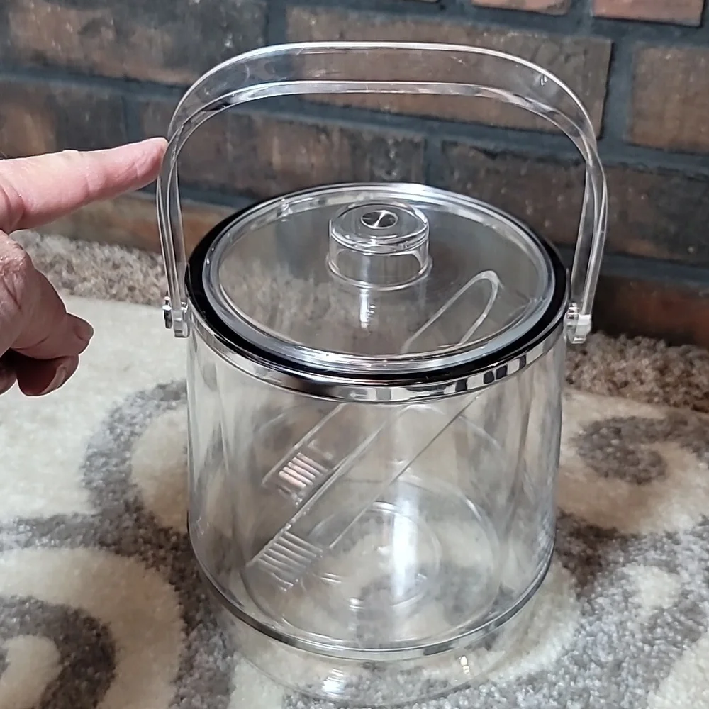 Vintage Ice Bucket with lid and tongs clear lucite chrome bands double wall